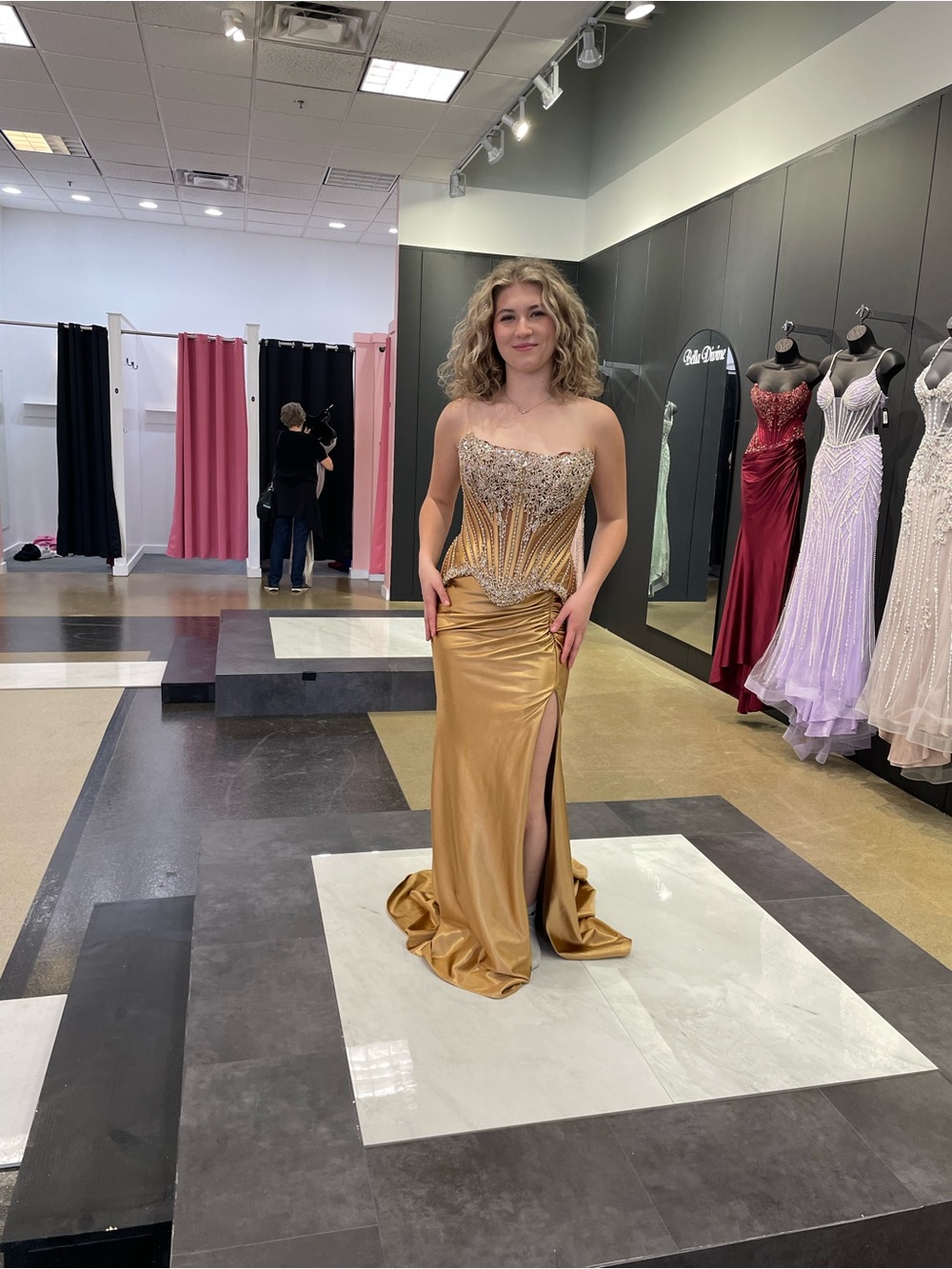 Bella D. Gold Strapless Beaded Evening Gown
